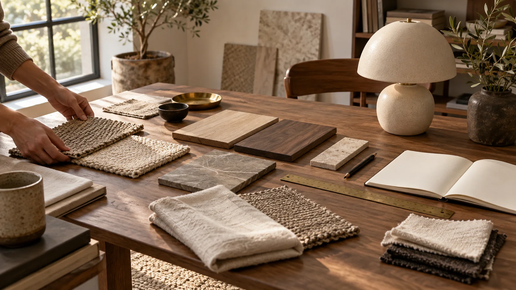Rug, wood, stone, and fabric samples arranged on a studio table
