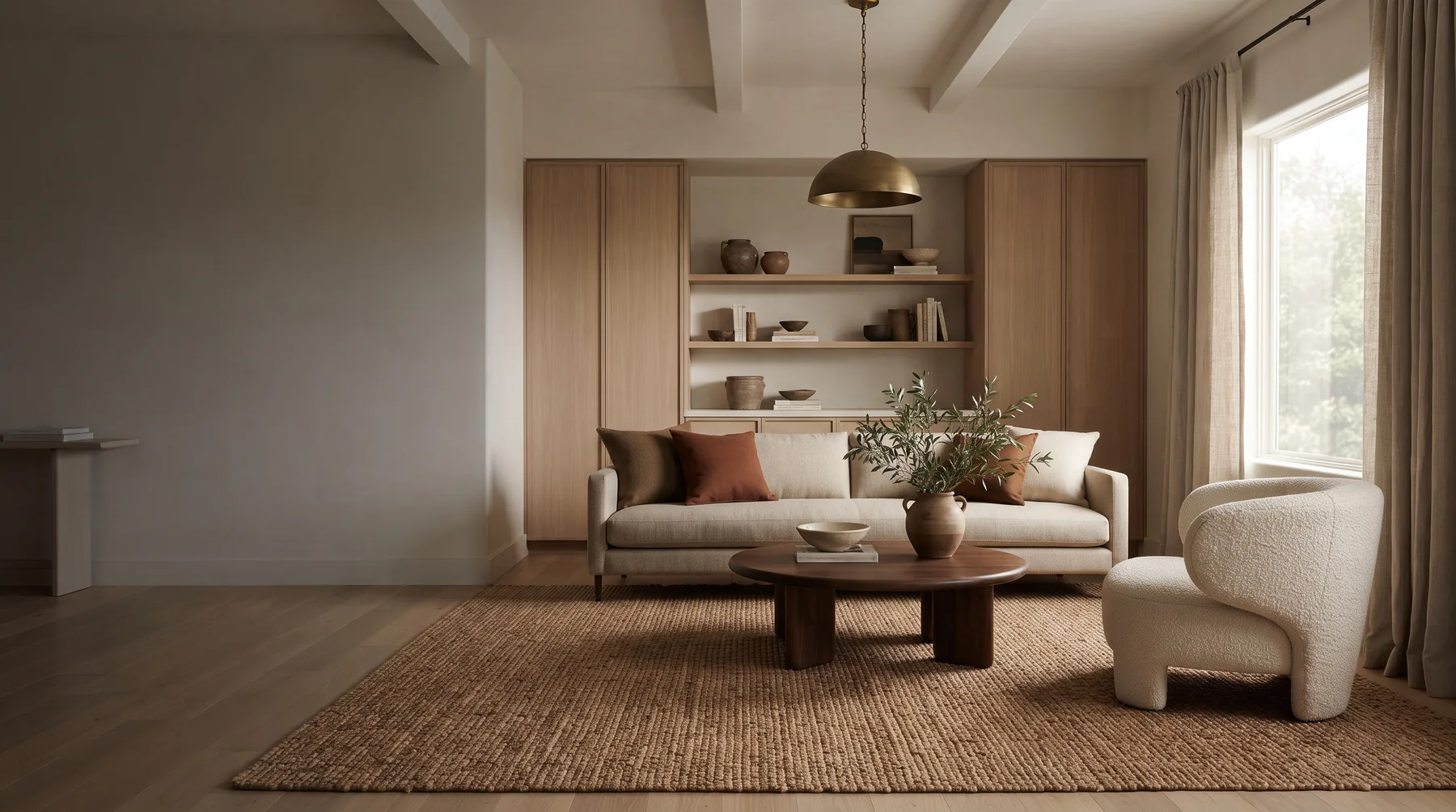 Warm modern living room with natural textures and considered lighting