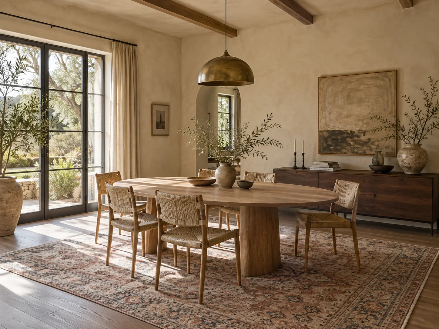 Earthy dining room with an oval oak table and woven chairs