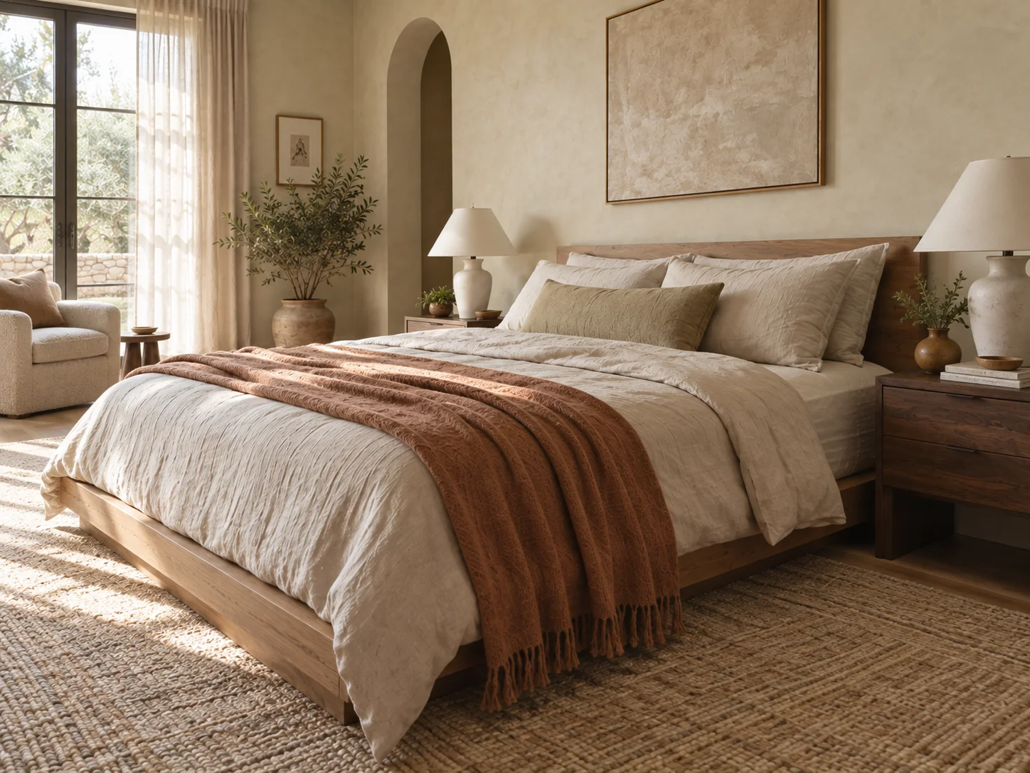 A closer view of the same bedroom and its layered bed linens