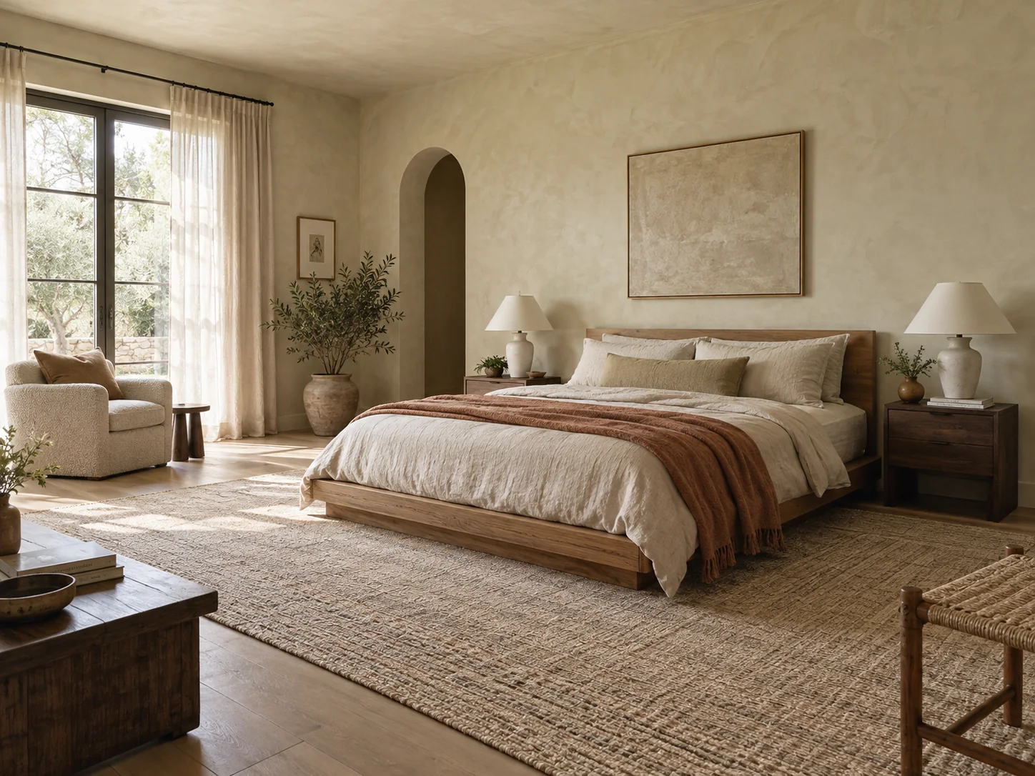 Warm bedroom with an oak bed, oatmeal linen, and a clay-colored throw